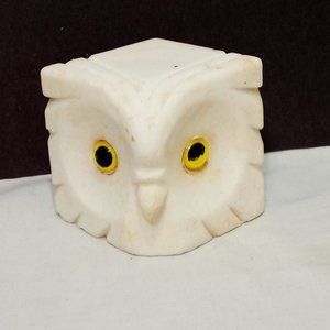 Salt Stone Vintage White Owl Head Square 2" Yellow Eyes Bird Figurine